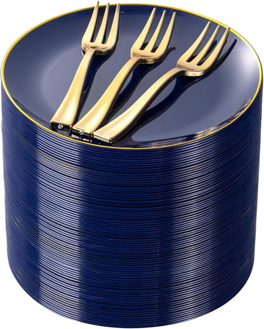 Festiva 200Pcs Navy Blue Gold Dessert Plates 6.3" with Plastic Forks 5"- Small Disposable Plates- Dessert/Cake/Appetizer Plastic Plates include 100Plates 100Forks for Birthday Party & Ramadan