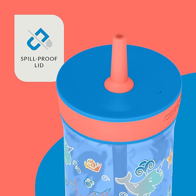 Contigo Kids’ Leighton Straw Tumbler with Spill-Proof Leak-Proof Lid 14oz Blue Poppy/Narwhals