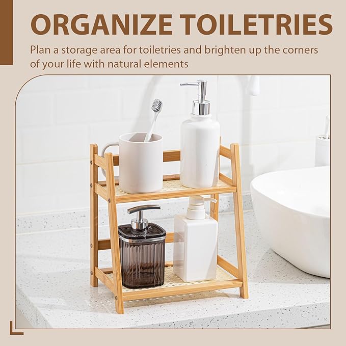 1 Pcs 2 Tier Matcha Station Shelf Bamboo Coffee Mug Stand Countertop Storage Rack, Double Layer Rattan Office Cup, Kitchen, Tea, Plant, Bar Accessories Condiment Display(Wood,10.2 Inch)
