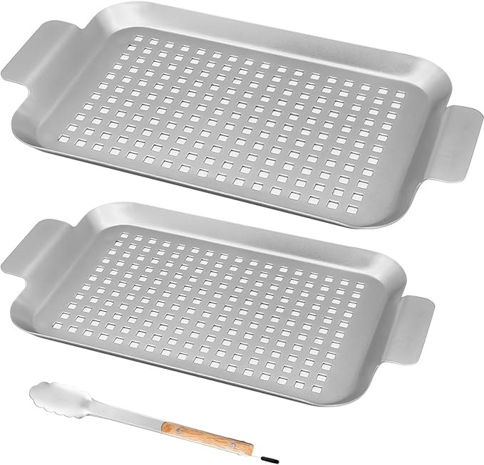 Grill Basket Pan, 2 Pack Grill Pans for Outdoor Grill, Stainless Grilling Food Tray with Grill Tong,BBQ Grilling Baskets Barbecue Accessories for Vegetables, Fish, Meat, and Seafood