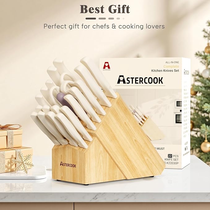 Knife Set, Astercook 22-Piece Kitchen Knife Set with Block & Built-in Sharpener, Ultra-Sharp High Carbon Stainless Steel Knives, Dishwasher Safe, Ergonomic Anti-slip Handle, Valentine's Gift
