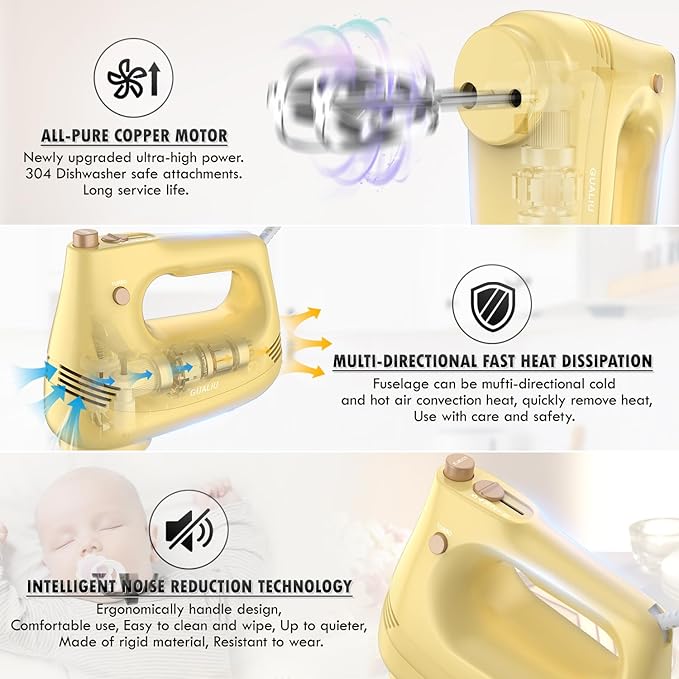 Electric Hand Mixer with Stainless Steel Whisk, Dough Hook Attachment and Storage Bag, Handheld Mixer for Baking Cakes, Eggs, Cream Food Mixers. Turbo Boost /5 Speed Kitchen Blender Yellow