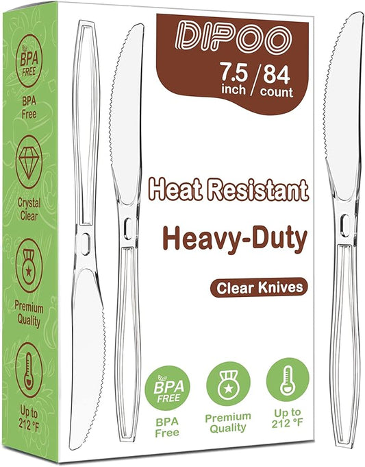 7.5" Clear Plastic Knives Heavy Duty Upgraded Heat Resistant & BPA Free, Solid and Durable Plastic Cutlery, Premium Disposable Knives, for Party Supply(84 Count)