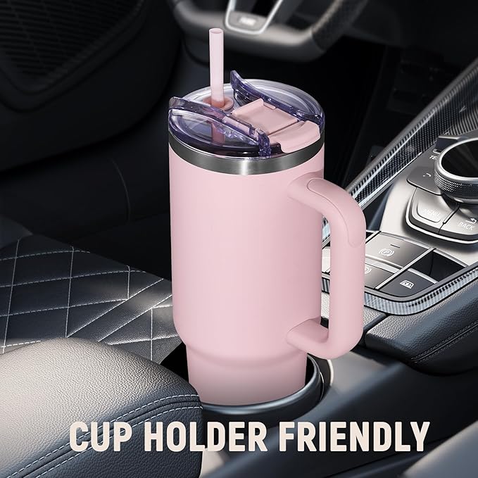 COKTIK 40 oz Tumbler With Handle and Straw, Insulated Tumbler With Leakproof Lids, Stainless Steel|BPA-Free, Cold for 24 H (Blush)