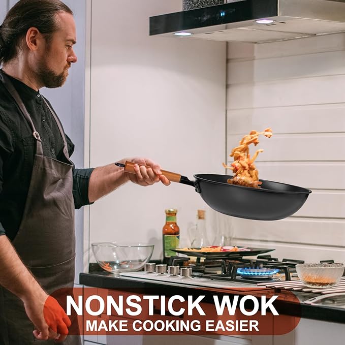 13" Nonstick Wok - Wok Pan with Lid, Carbon Steel Woks & Stir-Fry Pans: Flat Bottom Chinese woks for Electric, Induction, Gas, All Stoves
