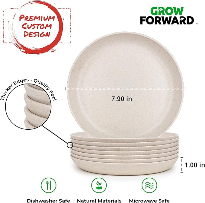 Grow Forward Premium Wheat Straw Plates - 8 Inch Reusable Hard Plastic Dinner Plates Set of 8 - Unbreakable Microwave Safe Plates for Dessert, Camping, RV, Outdoors, Patio, Kitchen Dishes - Sahara