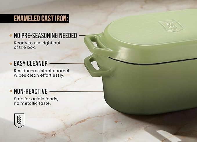 KooK Enameled Cast Iron Dutch Oven for Sourdough Bread Baking - 3.4 Qt Pot with Lid for Even Heat Distribution - Includes Silicon Bread Sling and Recipe Book for Home Bakers