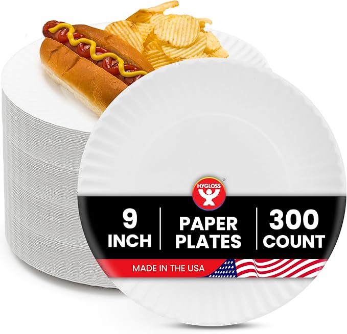 Hygloss Bulk Paper Plates 9-Inch - Uncoated Large Plain White Disposable Plates for Party, Dinner, Foodware, Events, Crafts & More - Environmentally Friendly - Recyclable & Microwave Safe (300 Count)