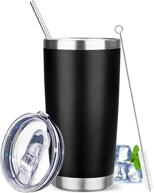 20 oz Tumbler with Lids and Straws, Stainless Steel Insulated Travel Coffee Mug, Double Wall Vacuum Insulated Tumblers, Powder Coated Coffee Tumbler for Cold & Hot Drinks (Black)