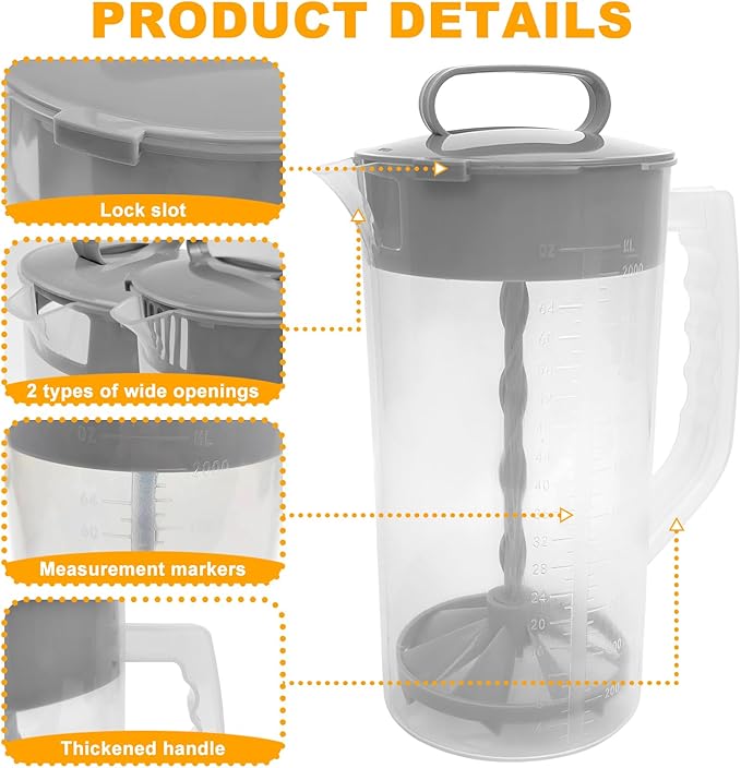 2 Quart/ 64oz Plastic Clear Mixing Pitcher with Lid, 2 Pack, Easy-Mix Juice Container, Angled Plastic Blades and Adjustable Mixer Plunger