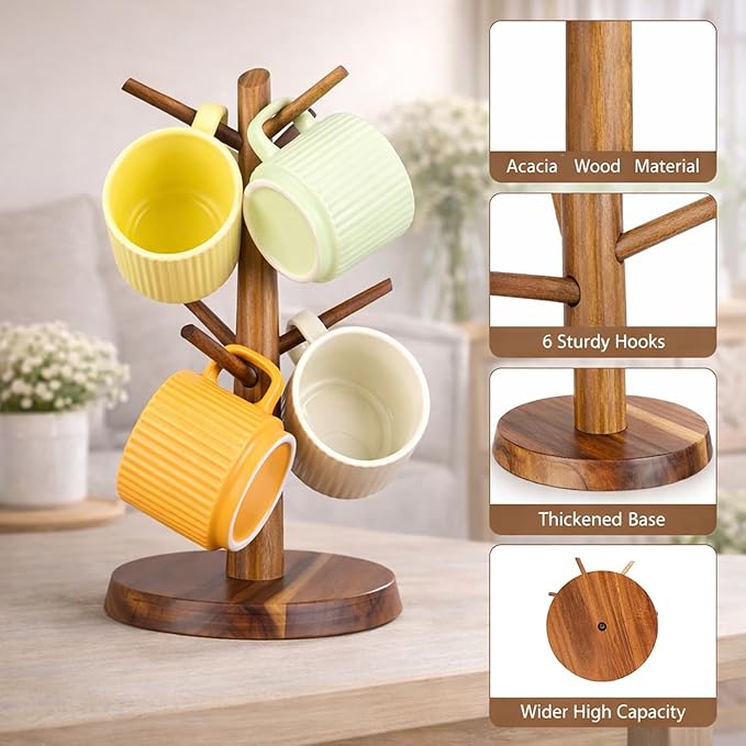 Acacia Wood Mug Holder Tree, 6 Hooks Wooden Mug Organizer for Kitchen Counter & Coffee Bar, Easy to Assemble, Natural Wood Color, Ideal for Small to Medium Mugs