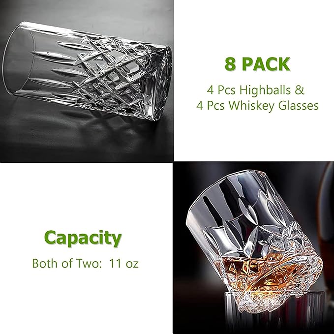 Drinking Glasses, 8 Piece Crystal Glass Cups, Mixed Glassware Set, 4 pcs Crystal Old Fashioned 11oz Highballs and 4 pcs 11oz Whiskey Glasses, Great for Cocktail, Whisky and other Beverages