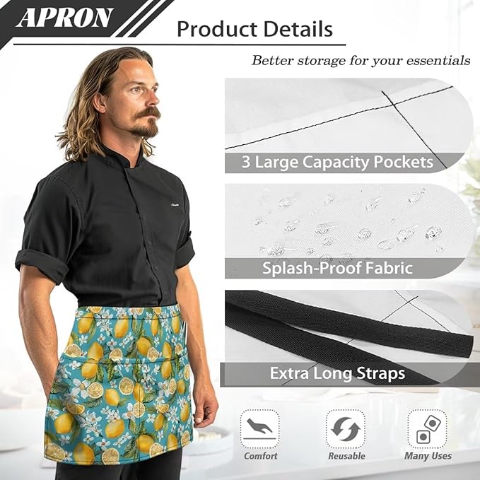 Server Waitress Waist Apron with 3 Pockets, Short Aprons for Servers,Waiter Apron For Waiter Accessories