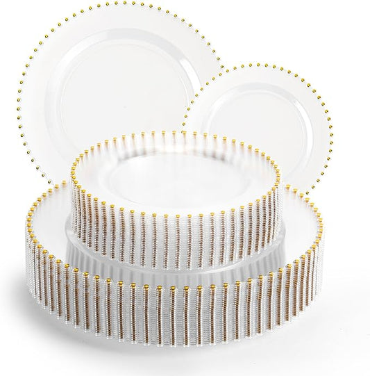 EI 60pcs Clear Plastic Plates with Gold Rim,Disposable Plastic Plates Fancy 10" Dinner & 7" Dessert Plate Heavy Duty for Wedding,Birthday,Afternoon Tea,Spring,Mother's Day,Valentine's Day,Easter