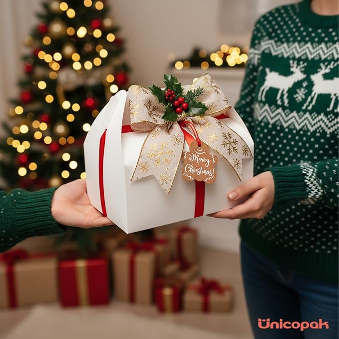 UnicoPak 30 Pack 9x6x6 White Bakery Boxes with Window, Large Gable Boxes for Lunch, Treats, Cookies, Pastries, Cardboard Gift Boxes for Christmas, Holiday Presents, Auto-Popup Assembly