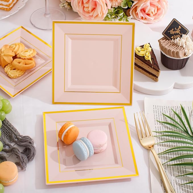bUCLA 100PCS Pink Square Plastic Plates - 6inch Disposable Pink and Gold - Premium Hard Square Small Appetizer/Cake Plates for Wedding, Party & Easter