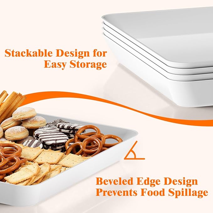 6-Pack Serving Tray Set, Reusable Plastic Serving Platter for Party Supplies, Entertaining, Grilling Accessories, Stackable Kitchen Snack Box Container for Dessert, Fruit, Cookie, (White)