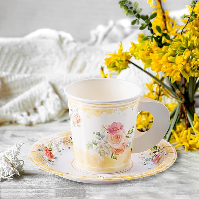 HOMIX 24 Paper Tea Cups and Plates, 7 OZ Disposable Paper Teacups and Saucer Sets for Hot and Cold Drinks for Birthday, Princess, Floral, Tea Party Decorations