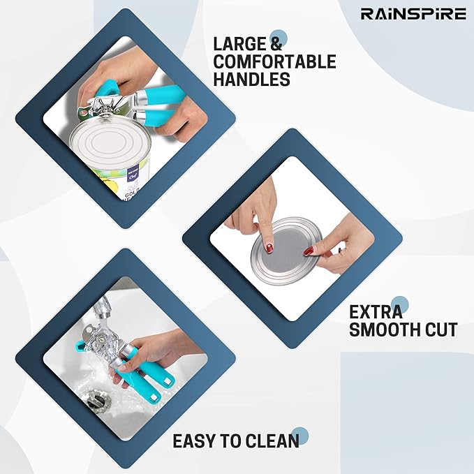 Rainspire Can Opener Manual Handheld Strong Manual Can Opener Smooth Edge Cut, Can Opener Heavy Duty, Comfortable Soft Handle, Built-in Bottle Opener, Blue