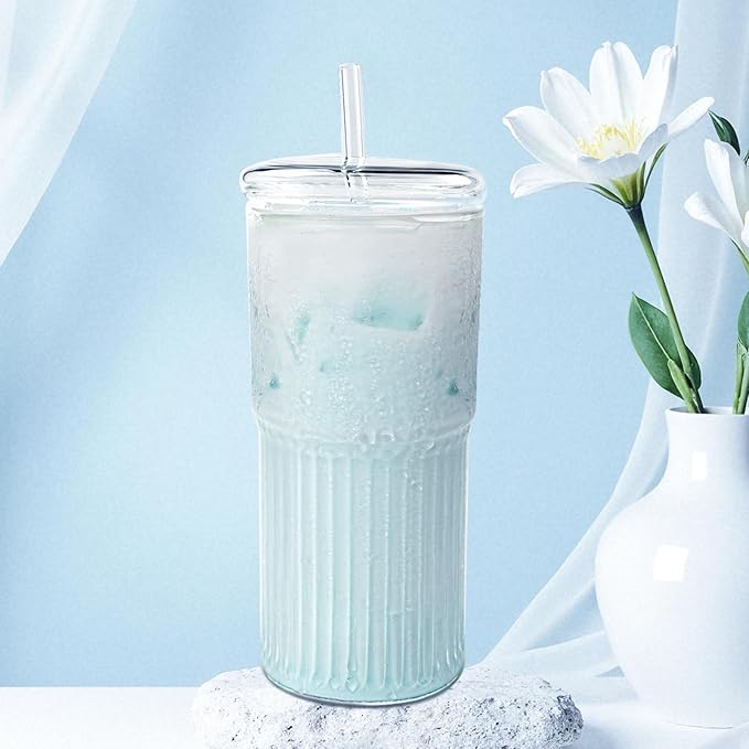 Glass Cups with Lids and Glass Straws, High Borosilicate 20OZ Tumblers for Coffee, Tea, Juice, Smoothies, Hot/Cold Drinks at Home, Office