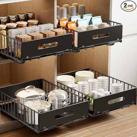 2 Pack Pull Out Cabinet Organizer, Slide Out Drawers for Cabinets, Peel and Stick, Heavy Duty Shelves for Kitchen, Cupboard, Pantry, Bathroom (16.5"D*11.8"W*3.94"H-Black)