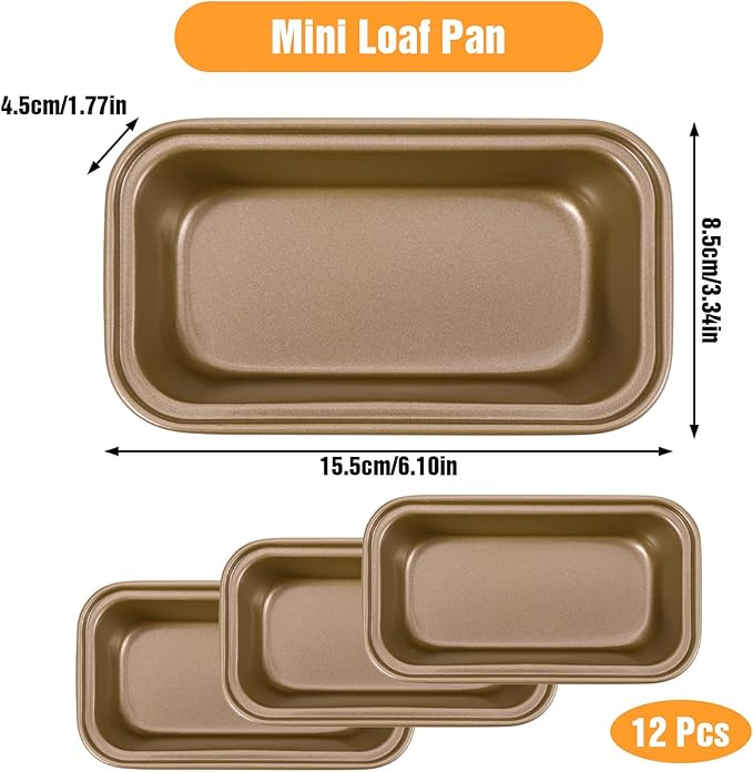 12 Pcs Mini Loaf Pans, Easy-Clean Non-Stick Carbon Steel Bread Pan, Meatloaf & Shortbread, Oven & Dishwasher Safe Pan for Meatloaf Breads Cakes Shortbread Lasagnas, Even Heat Distribution