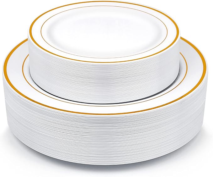 Gold Plastic Plates, MCIRCO 100 Pieces Disposable Party Plates for Weddings, Premium Gold Rim Plates, Include 50 10.25 Inch Dinner Plates and 50 7.5 Inch Dessert Appetizer Plates