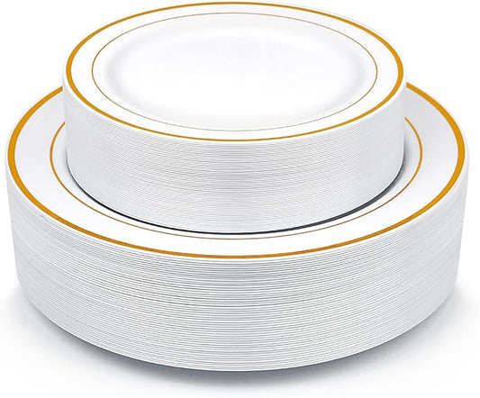 Gold Plastic Plates, MCIRCO 100 Pieces Disposable Party Plates for Weddings, Premium Gold Rim Plates, Include 50 10.25 Inch Dinner Plates and 50 7.5 Inch Dessert Appetizer Plates