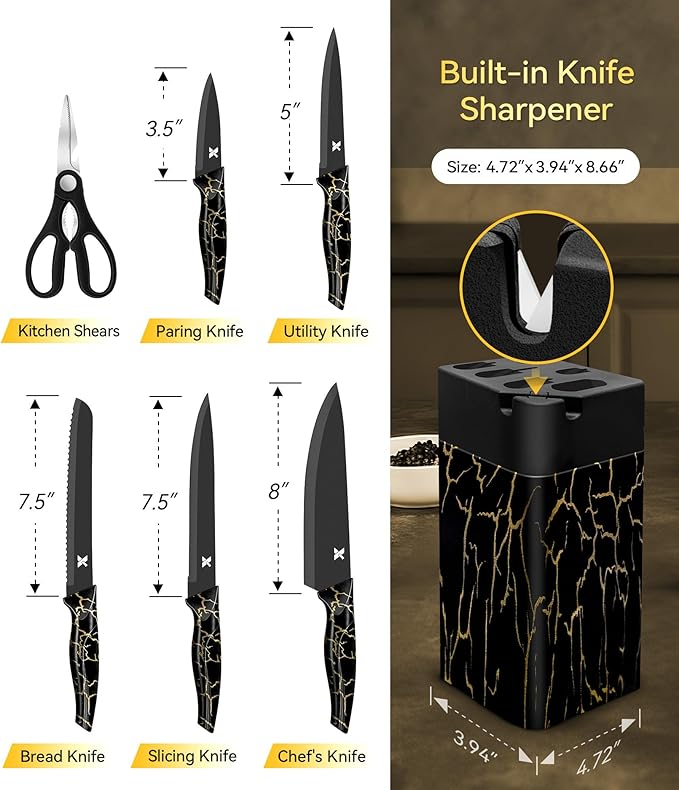 Knife Set, 8 Pieces Kitchen Knife Block Sets, High Carbon German Stainless Steel, Dishwasher Safe Cutlery with Sharpener, Black