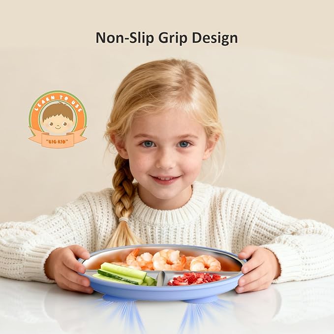 Stainless Steel Suction Plates for Toddlers, 9" Divided Kids Baby Plates with Removable Silicone Suction, Non Toxic Non Slip Portion Control Snack Dishes 4 Packs, Blue Green Gray Pink