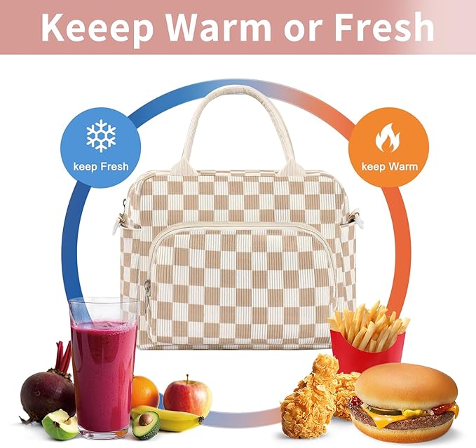 Lunch Box for Women Insulated Lunch Bag Women Adult Cute Lunch Bags Reusable Lunchbox Cooler Tote Bag for Work Picnic (Beige-Brown Plaid)