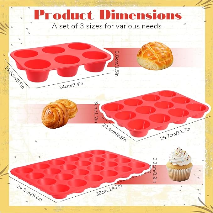 3 Pcs Silicone Muffin Pan Set, Silicone Muffin Pans for Baking Red 24/12/6 Cups Mini/Regular/Jumbo Non-Stick Cupcake Pan for Kitchens, Restaurants, Bakeries