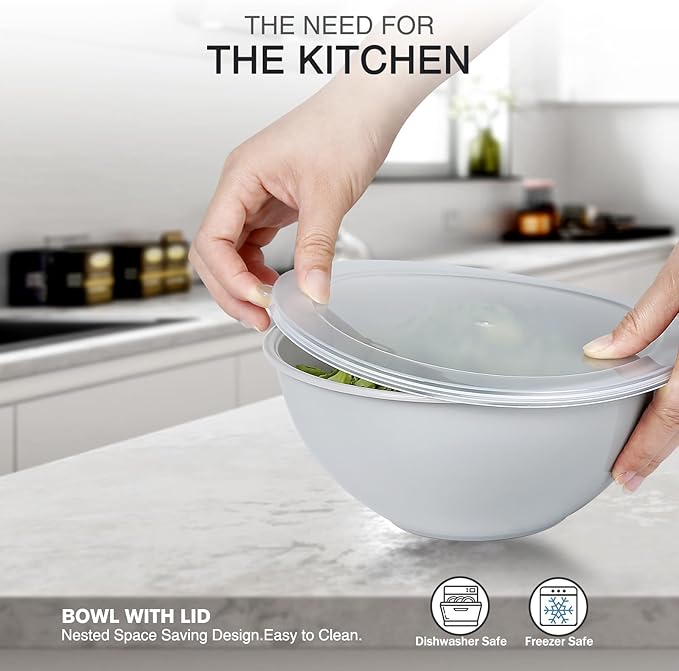5-Piece Plastic Mixing Bowls with Lids Set for Kitchen, Nesting Bowls for Mixing, Baking, Prepping, Cooking and Serving Food, Mixing Bowls Dishwasher, Microwave Safe (Gray)