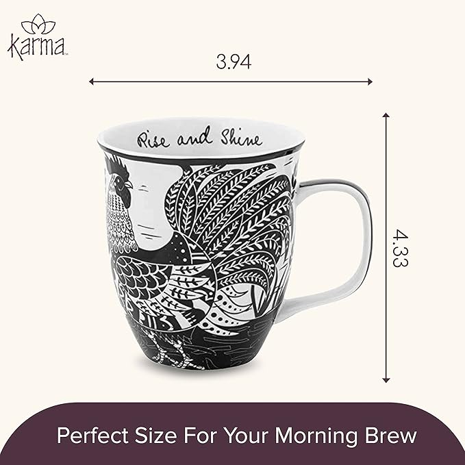 Karma Gifts 14 oz Black and White Boho Mug Rooster - Cute Coffee and Tea Mug - Ceramic Coffee Mugs for Women and Men