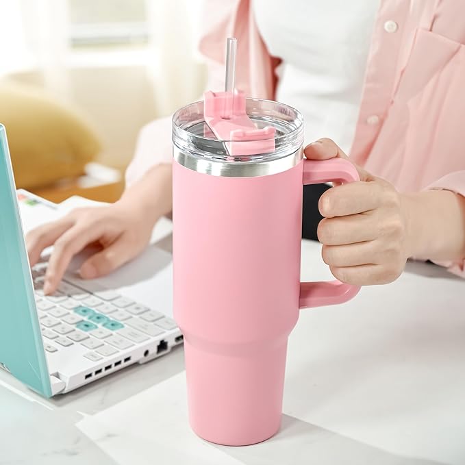 40 oz Tumbler with Handle and Straw, 100% Leak-Proof Travel Mug, Stainless Steel Double Wall Vacuum Insulated Coffee Cup Keeps Cold For 34 Hours, Dishwasher Safe, Teal