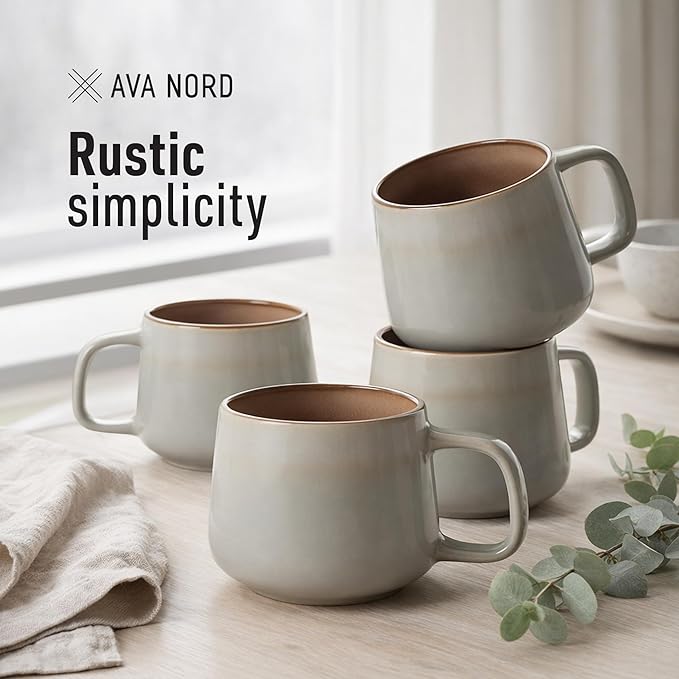 Ceramic Coffee Mugs Set of 4 | 12 oz Stoneware Coffee Cups | Lead-Free, Non-Toxic | Microwave and Dishwasher Safe | Comfortable Handle | Aesthetic Nordic Design for Tea and Latte | Sage Ash