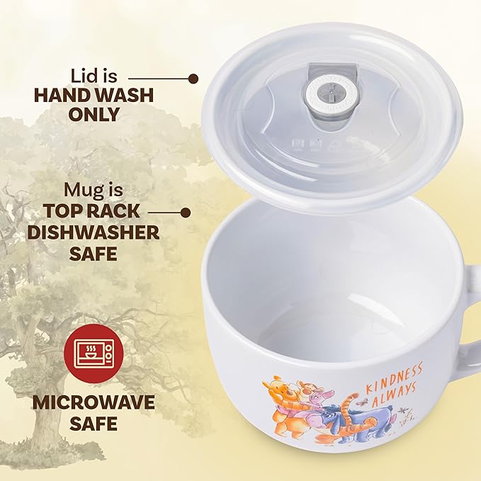 Silver Buffalo Disney Winnie the Pooh Kindness Always Featuring Eeyore, Tigger, and Piglet Ceramic Soup Mug with Vented Plastic Lid, 24 Ounces
