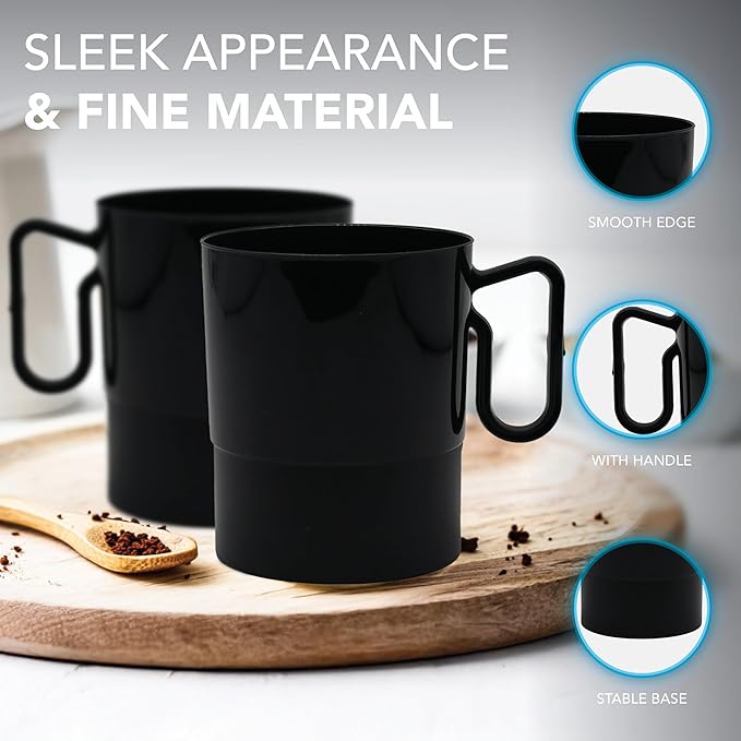 Party Essentials 8-Ounce Hard Plastic Coffee Cup/Tea Mug with Handle, 20-Count, Bistro Black