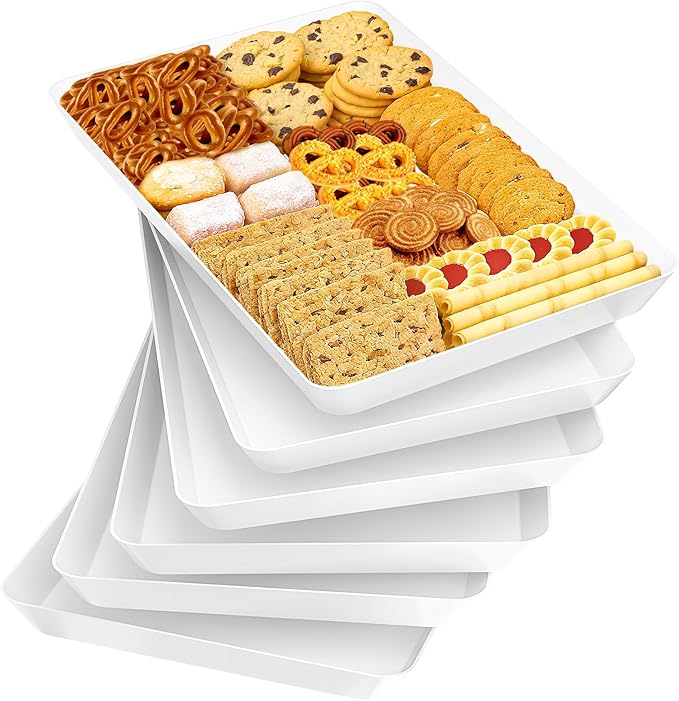 6-Pack Serving Tray Set, Reusable Plastic Serving Platter for Party Supplies, Entertaining, Grilling Accessories, Stackable Kitchen Snack Box Container for Dessert, Fruit, Cookie, (White)