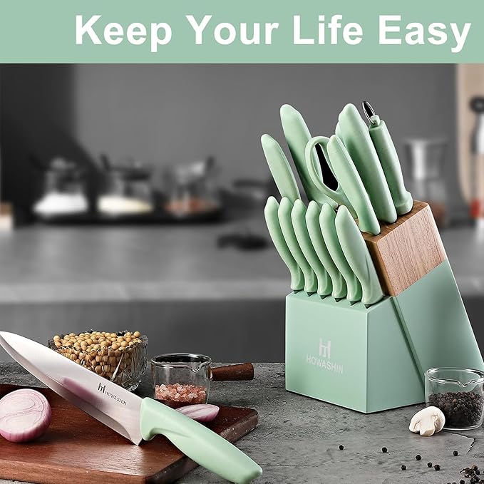 Knife Set, Howashin 15 Pieces Kitchen Knife Set with Built in Knife Sharpener, High Carbon German Stainless Steel Knife Block Set, Hand wash Safe Knives Set, Green