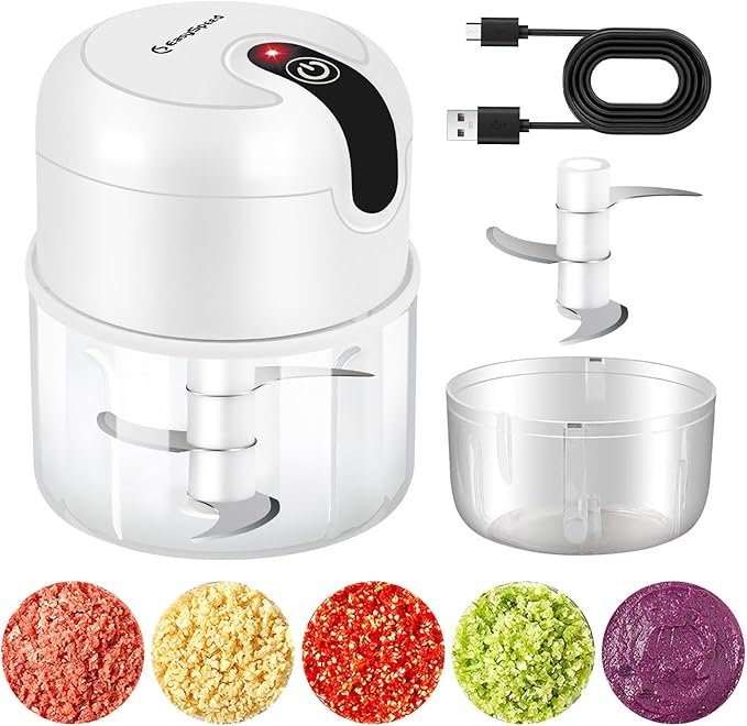 EASYSPEED Electric Garlic Chopper 1Cup, Mini USB-C Charging Food Processor, Garlic Mincer with 3 Stainless Steel Sharp Blades, Portable Kitchen Meat Grinder for Onion, Ginger, Chili, Baby Food, White