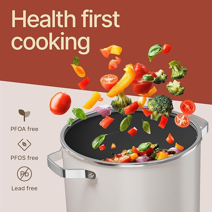 Bakken 16 Quart Ceramic Coated Stock Pot with Lid, Easy Clean Nonstick Pot, Tempered Glass Lid, Riveted Stainless Steel Handles, Oven Safe Up To 500°F, PTFE & PFAS Free, All Stove Compatible, Cream