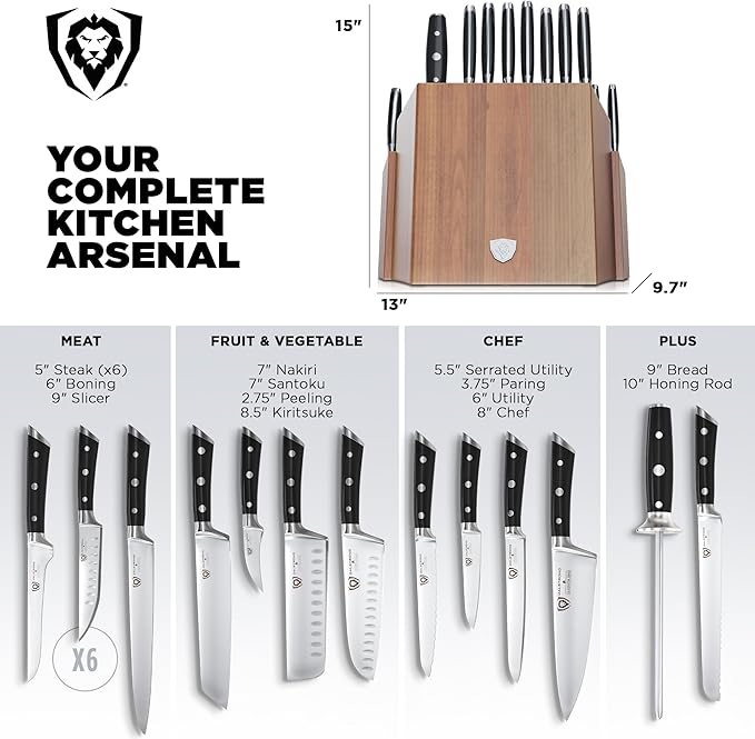 Dalstrong 18-Piece Kitchen Knife Set Block - High Carbon German Steel Full Tang - Acacia Wood Knife Block Set - Black Handles ABS Gladiator Series - Professional NSF Knives set for Kitchen Cuchillos