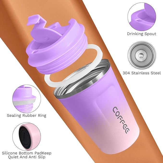 Travel Coffee Mug Leak-Proof, Reusable Coffee Cups with Lid, Stainless Steel Vacuum Insulated Coffee Tumblers, Thermal Insulation Cup for Men and Women Hot & Cold Drinks(2nd-Purple Pink, 12OZ)