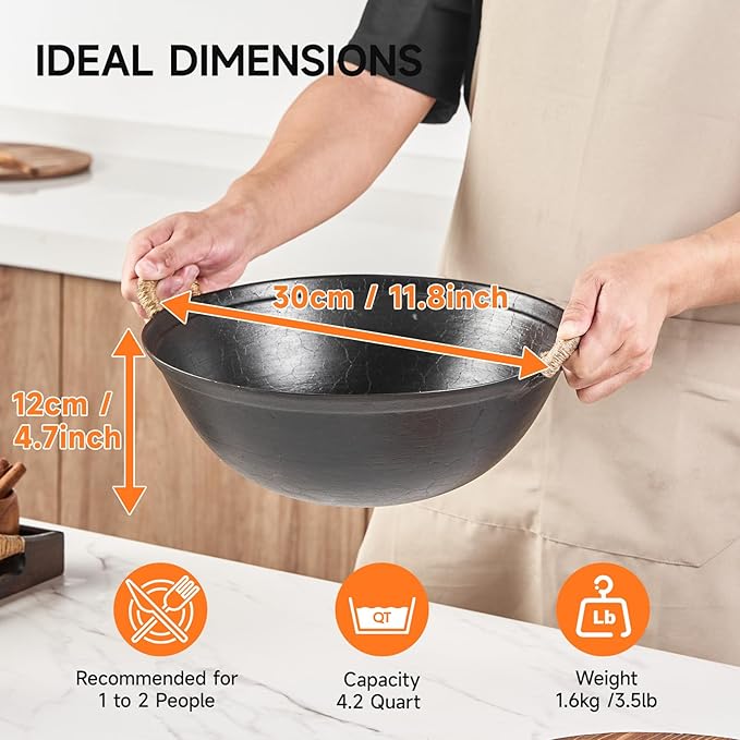 WANGYUANJI 11.8" Round Bottom Cast Iron Wok - Small Traditional Pow Wok for Camping & Open Fire - Gas Stove Compatible (Wok Ring Required) - Uncoated Stir Fry Pan with Cleaning Brush