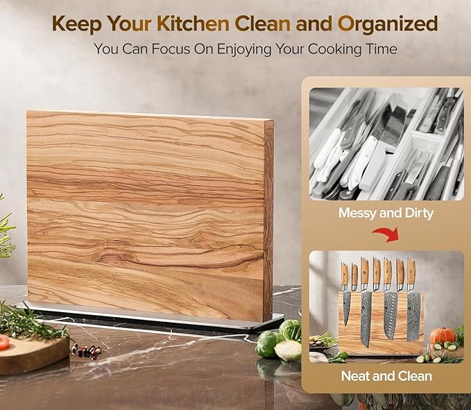 XINZUO Double Sided Magnetic Knife Holder Rack For Kitchen Counter - Natural Olive Wood Stand,Modern Knife Block & Storage - Magnetic Storage(12.6 X 4 X 9.3Inches)