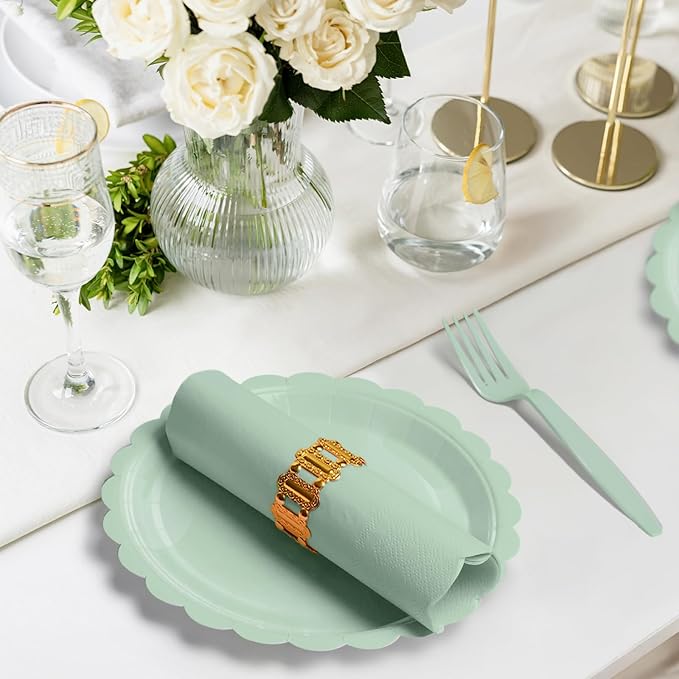 105PCS Paper Plates and Napkins Set,7 Inch Scalloped Disposable Tableware with Forks for Birthdays, Garden Parties & Outdoor Events,Serves 35 (Sage Green)
