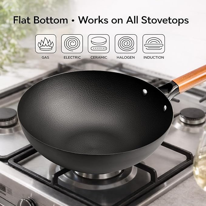 WANGYUANJI 12.6" Carbon Steel Wok with Glass Lid & Detachable Wood Handle, Heavy Duty Thick Gauge Flat Bottom Wok Pan for Induction, Gas & Electric Stoves, Unseasoned Asian Stir Fry Pan