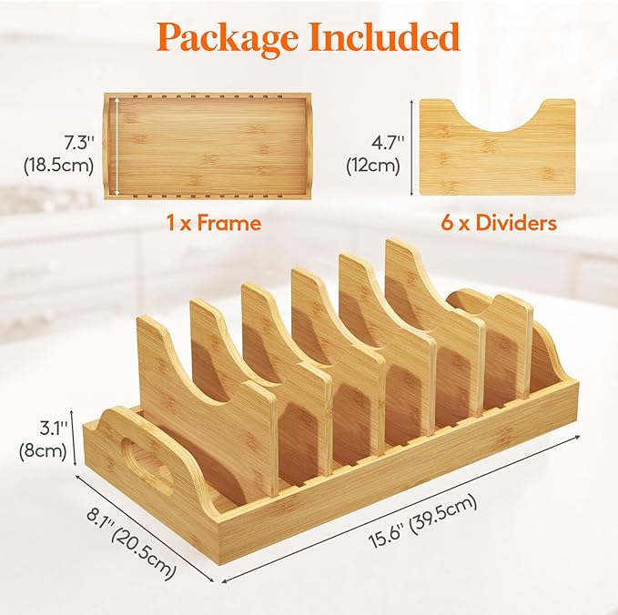 Lifewit Bamboo Pot Lid Organizers for Inside Cabinet, Pot and Pans Lid Holder with 6 adjustable Inserts & 7 Compartments, Lid Storage for Kitchen Pantry Organization, 15.6" X 8.1"/40 x 21cm