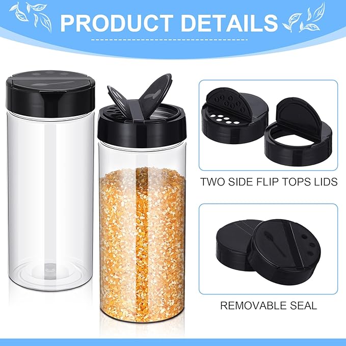 Zhehao 24 Pieces Plastic Spice Containers Plastic Spice Bottles Clear Reusable Large Empty Seasoning Jars with Shaker Lids for Kitchen Storage Seasoning Powder Herbs(16 oz,Cylinder,Clear and Black)